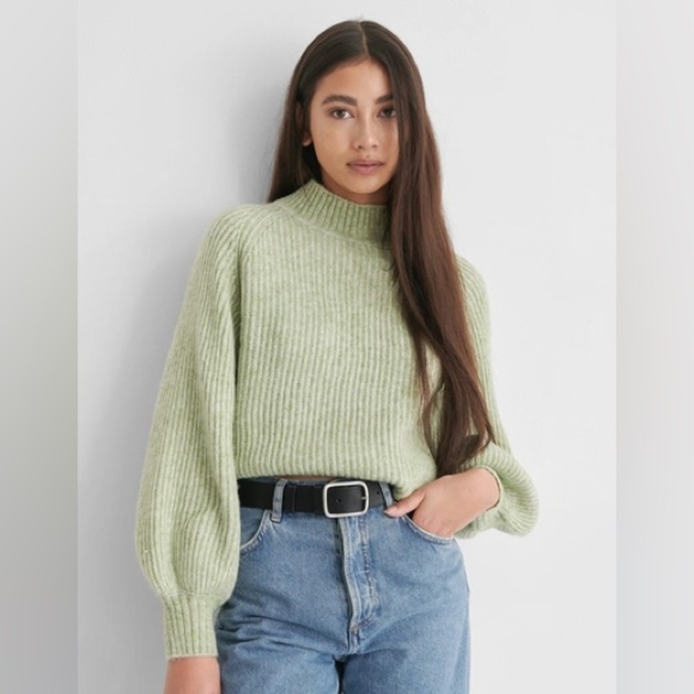 Mango Chunky Ribbed Mockneck Sweater, Balloon Sleeves, Sage Green, Size Medium